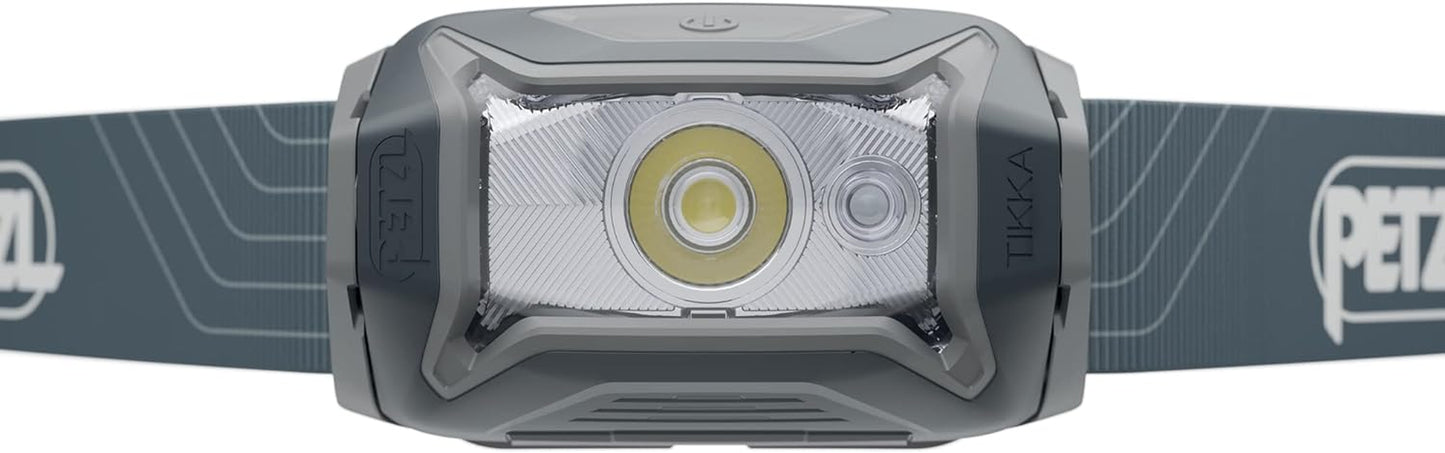 PETZL Tikka Headlamp - Compact 350 Lumen Light with Red Lighting, for Hiking, Climbing, Running, and Camping - Grey