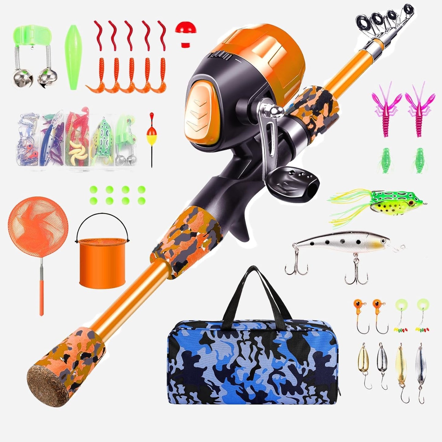 Kids Fishing Pole - Telescopic Fishing Rod and Reel Combo Kit - Fishing Gear, Fishing Lures, Carry on Bag, 70 Set Fully Fishing Equipment - for Boys, Girls, Youth