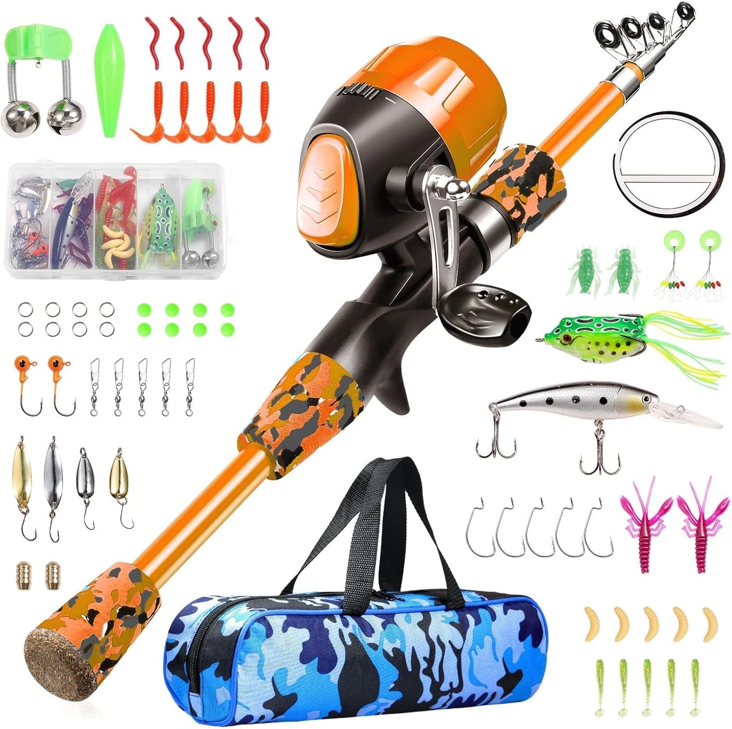 Kids Fishing Pole - Telescopic Fishing Rod and Reel Combo Kit - Fishing Gear, Fishing Lures, Carry on Bag, 70 Set Fully Fishing Equipment - for Boys, Girls, Youth