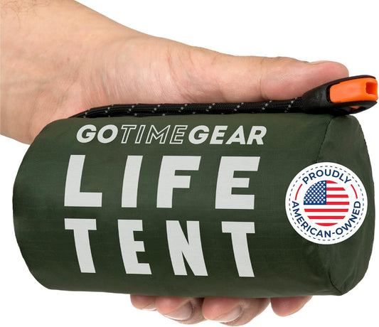 Go Time Gear Survival Life Tent • 2 Person Mylar Emergency Shelter Tube Tent + Paracord • All-Weather Protection for Camping, Hiking, & Survival Kits • Includes Emergency Whistle