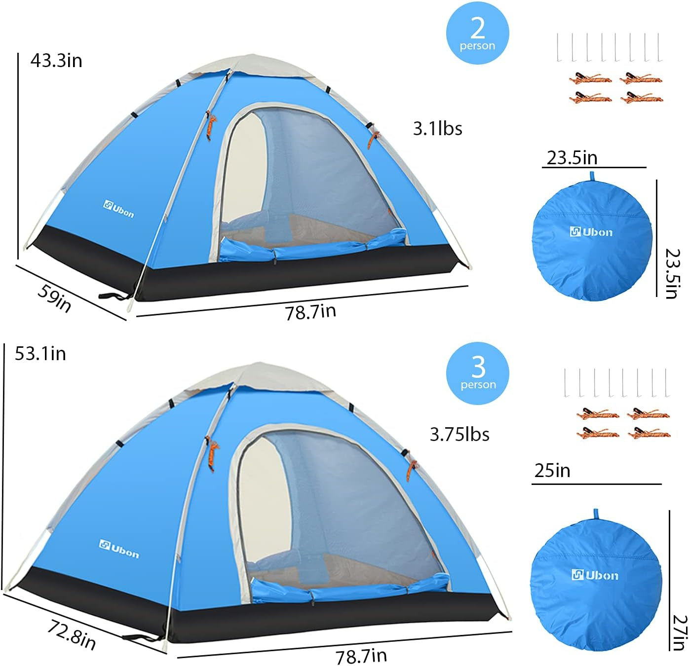 Ubon 2/3 Person Lightweight Instant Pop up Indoor Outdoor Backyard Tent for Camping Backpacking
