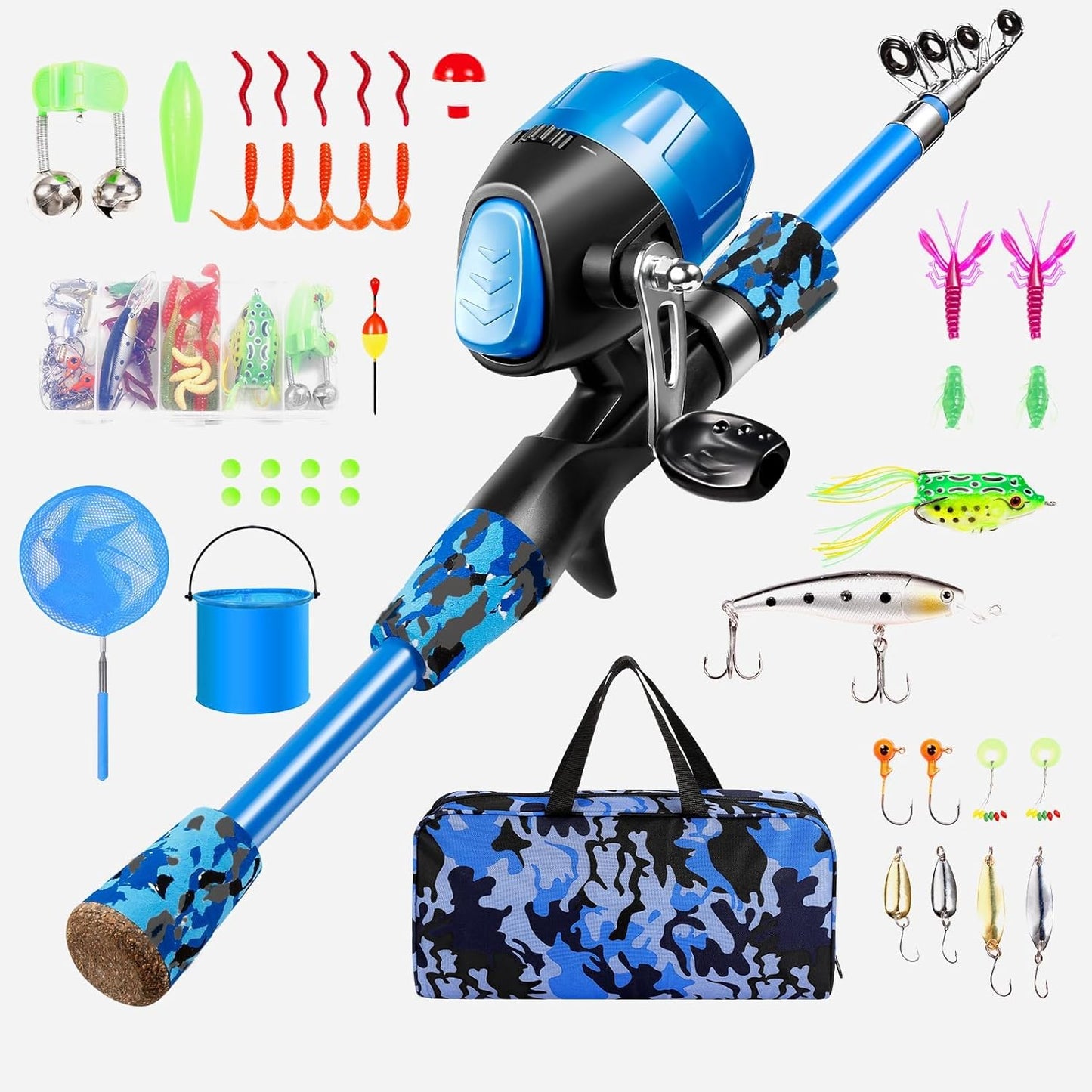 Kids Fishing Pole - Telescopic Fishing Rod and Reel Combo Kit - Fishing Gear, Fishing Lures, Carry on Bag, 70 Set Fully Fishing Equipment - for Boys, Girls, Youth