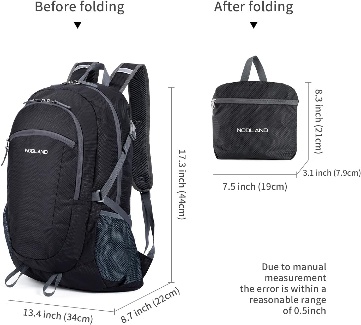 NODLAND Light Weight Packable Backpack for Travel Hiking 45L Foldable Water-Resistant Daypack Hydration Rucksack